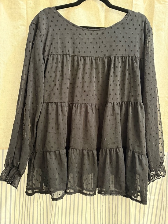 PrettyGarden Tops - Black Swiss Dot Tiered Lined Long-Sleeve Women's Top